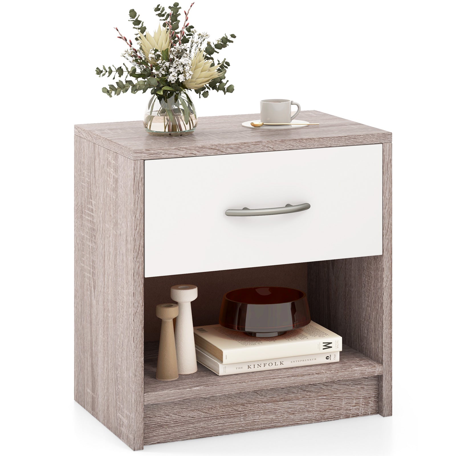 Bedside Table Nightstand with Drawer and Open Storage Shelf, Light Gray Nightstands at Gallery Canada