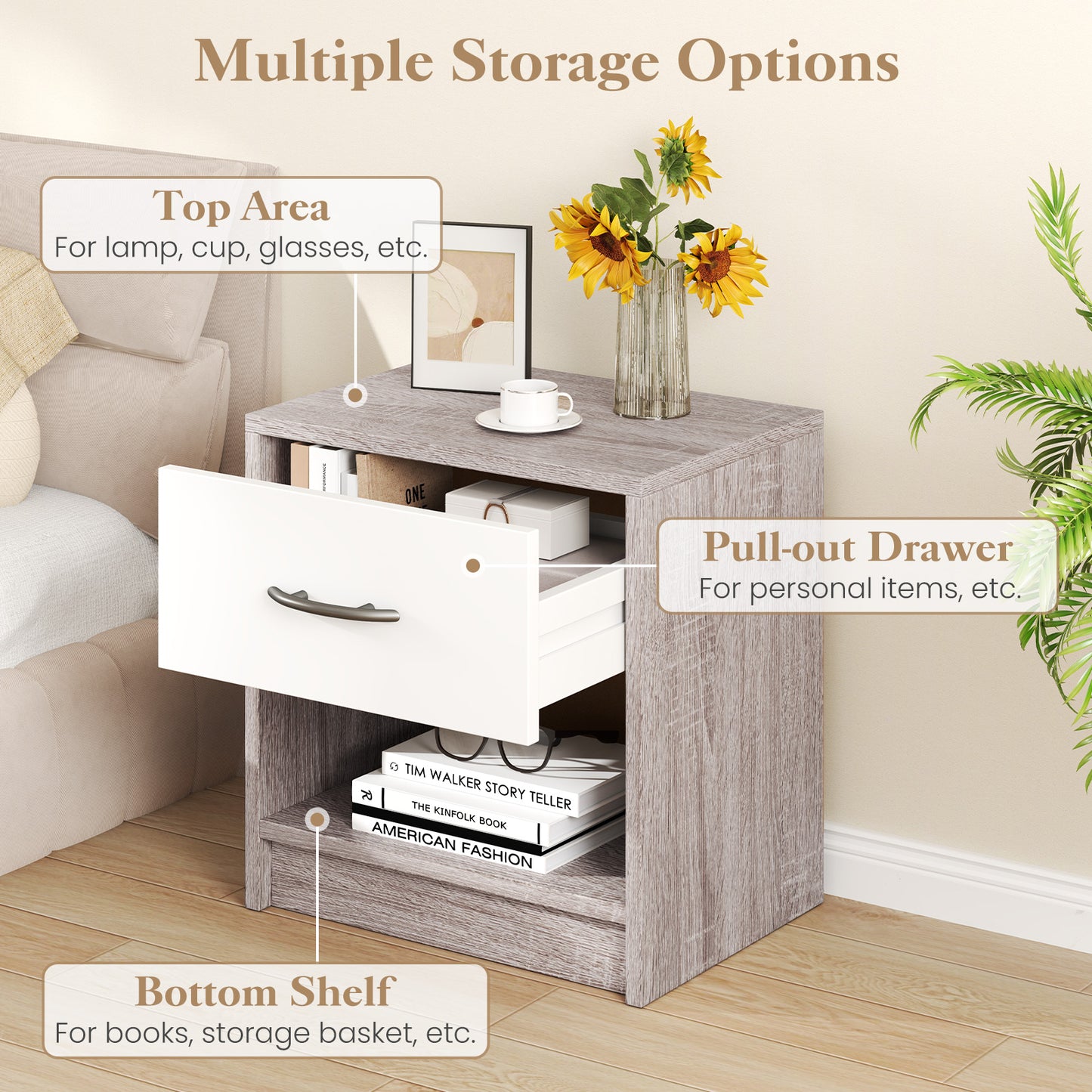 Bedside Table Nightstand with Drawer and Open Storage Shelf, Light Gray Nightstands at Gallery Canada