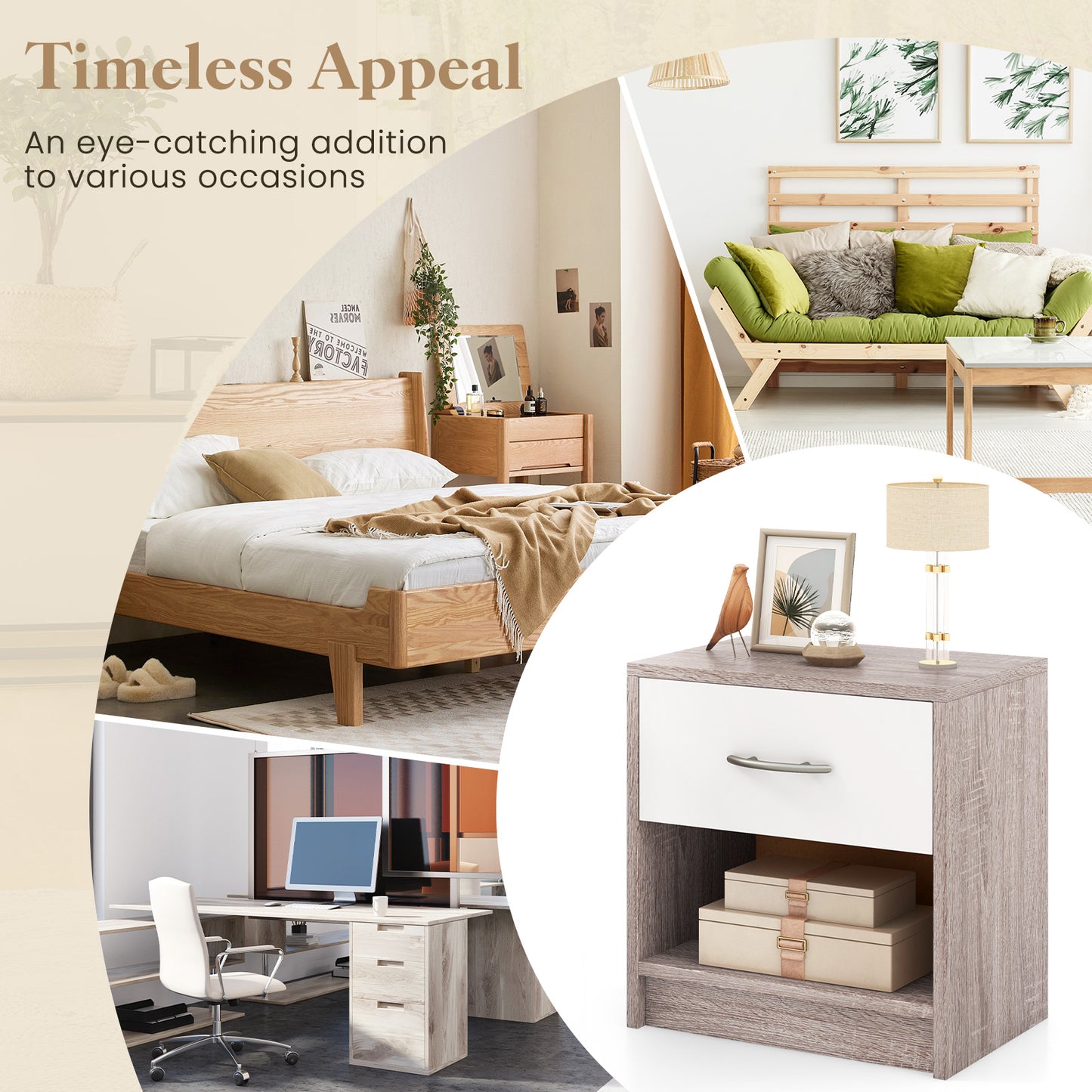 Bedside Table Nightstand with Drawer and Open Storage Shelf, Light Gray Nightstands at Gallery Canada