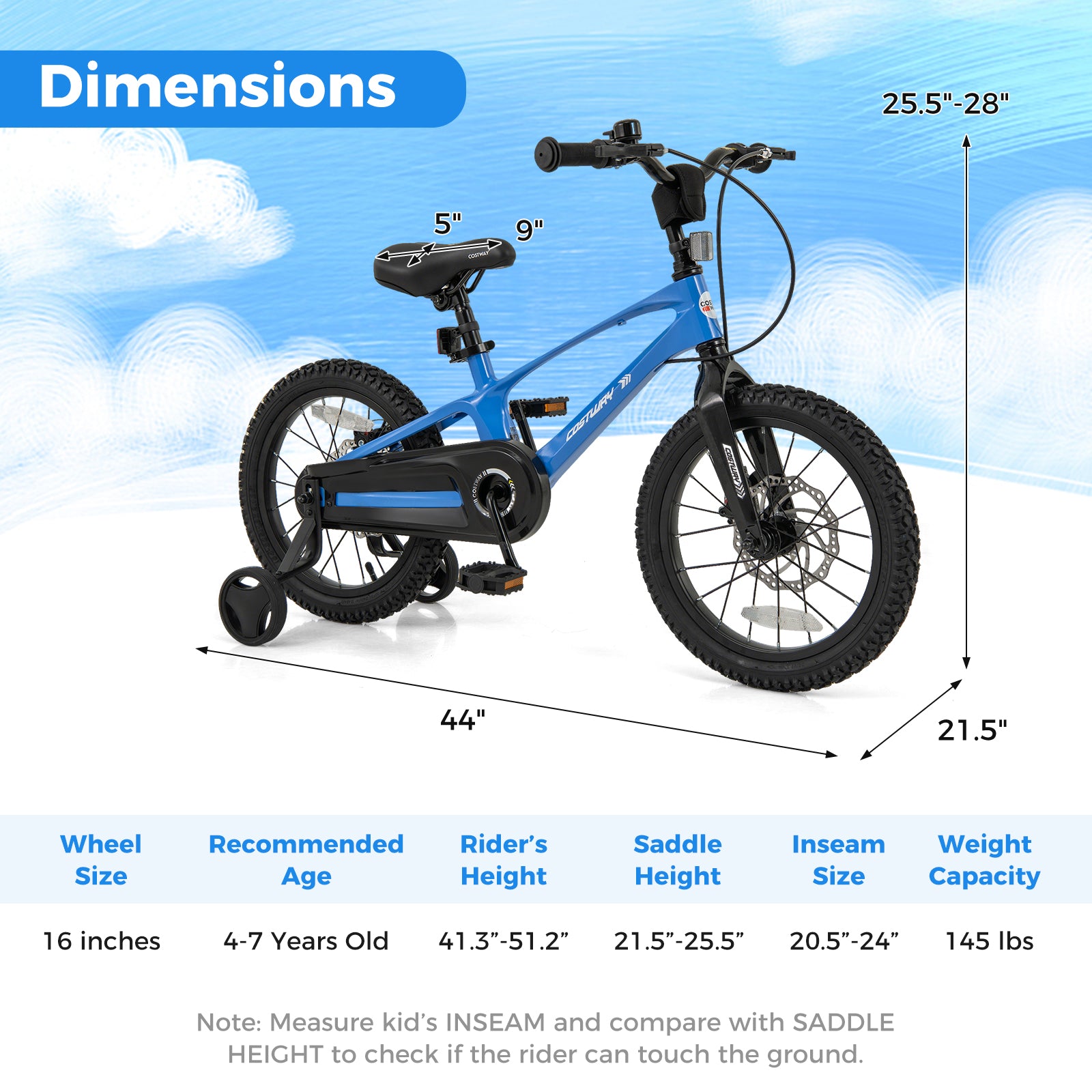 16 Inch Kids Bike Magnesium Alloy Training Bicycle Adjustable for 4 to 7 Years Old-16 inches, Blue Kids Bike at Gallery Canada