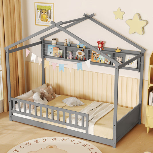 Twin Size House Bed with Storage Shelf and Headboard, Gray Simple Bed Frame Gray at Gallery Canada
