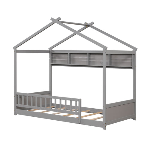 Twin Size House Bed With Storage Shelf, Headboard, Gray