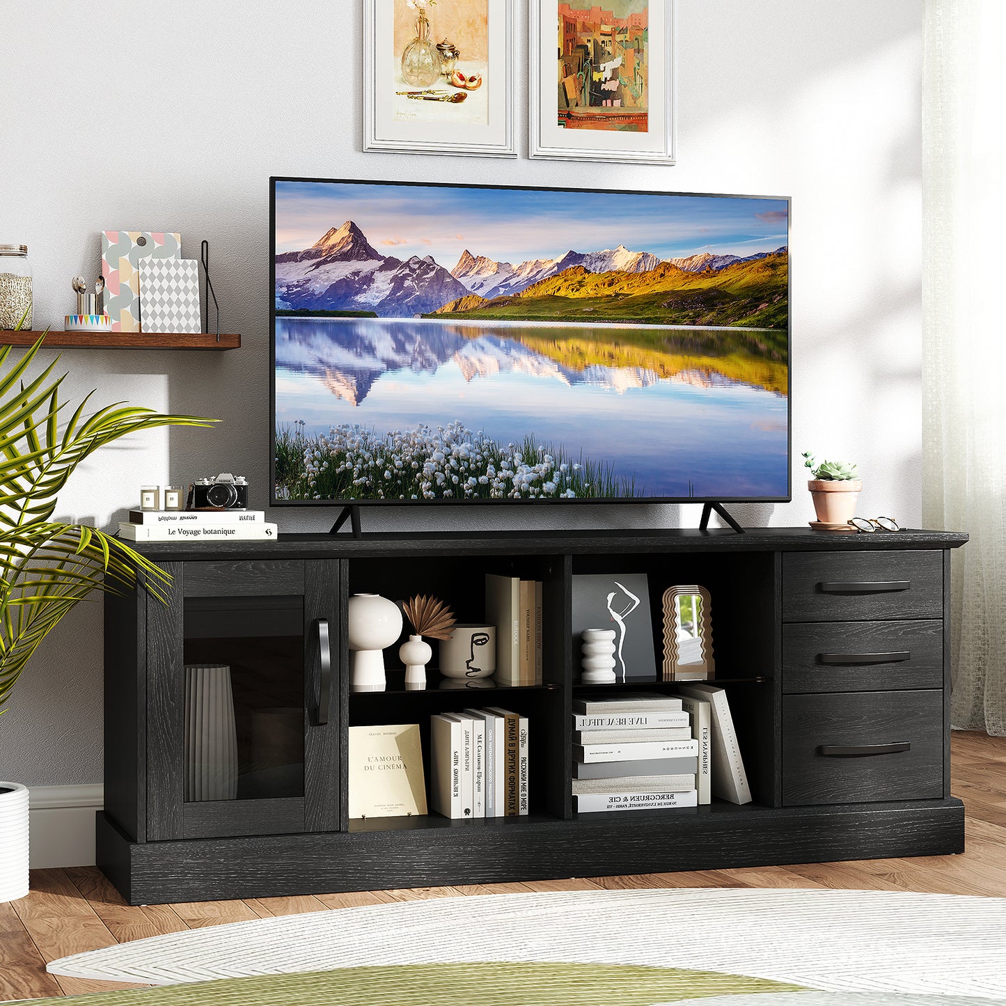 63 Inch Media Console Table, 3 Drawers, 2 Glass Shelves, Black Entertainment Centers & TV Stands at Gallery Canada