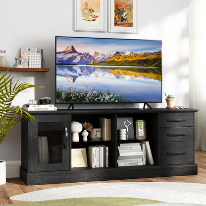 63 Inch Media Console Table, 3 Drawers, 2 Glass Shelves, Black Entertainment Centers & TV Stands at Gallery Canada