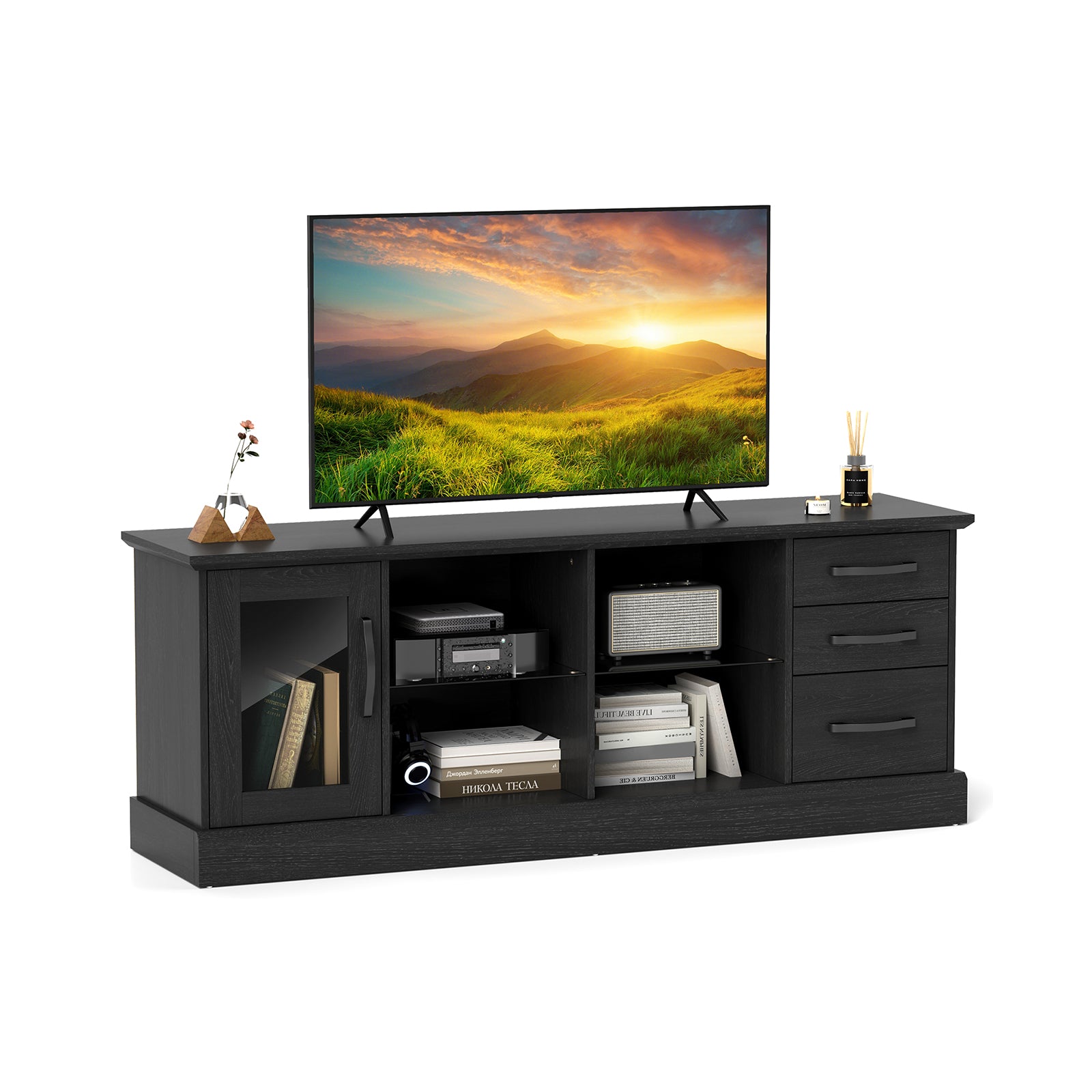 63 Inch Media Console Table, 3 Drawers, 2 Glass Shelves, Black Entertainment Centers & TV Stands Black at Gallery Canada