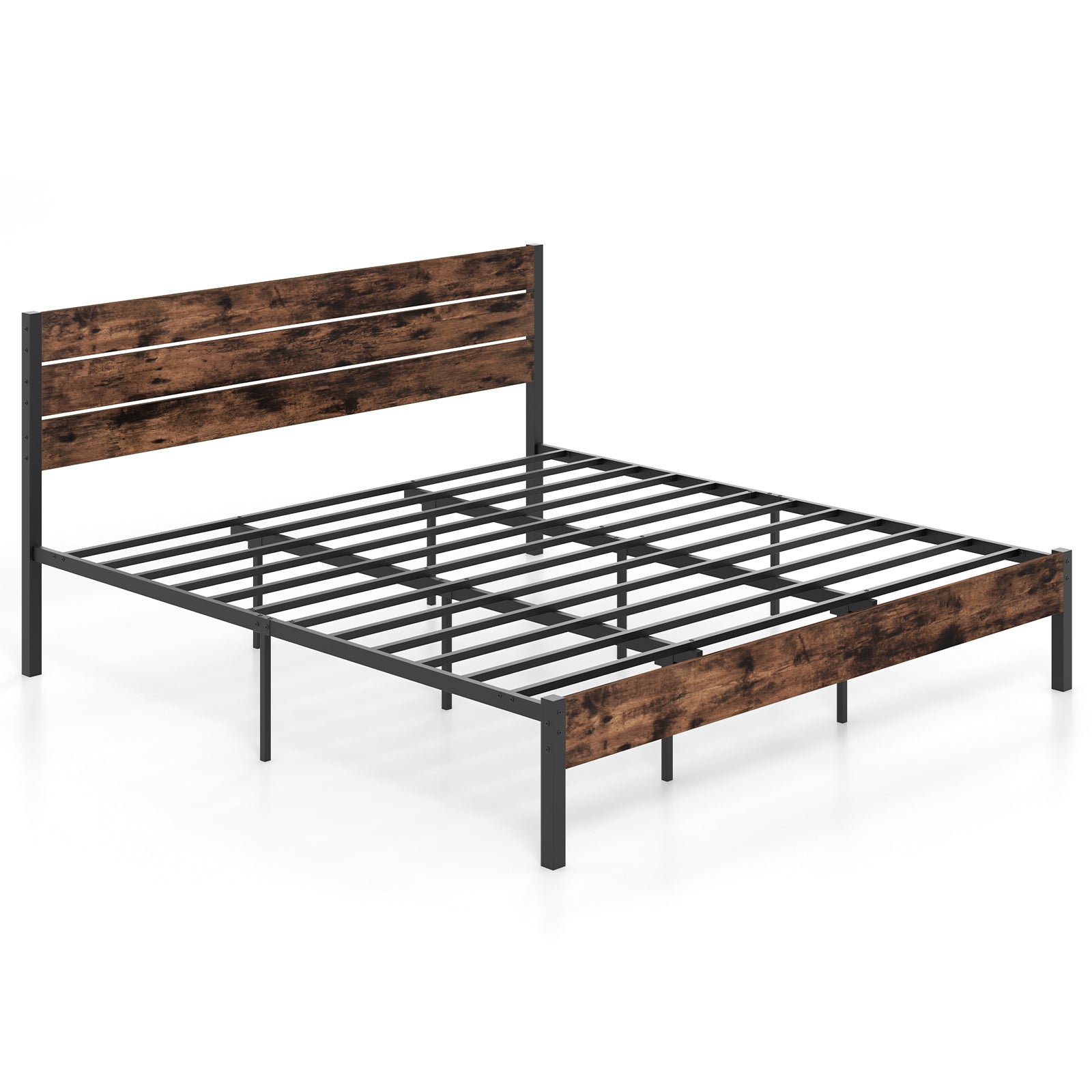 Full/King/Queen/Twin Size Bed Frame with High Headboard and Mute Bar-King Size, Rustic Brown Simple Bed Frame at Gallery Canada