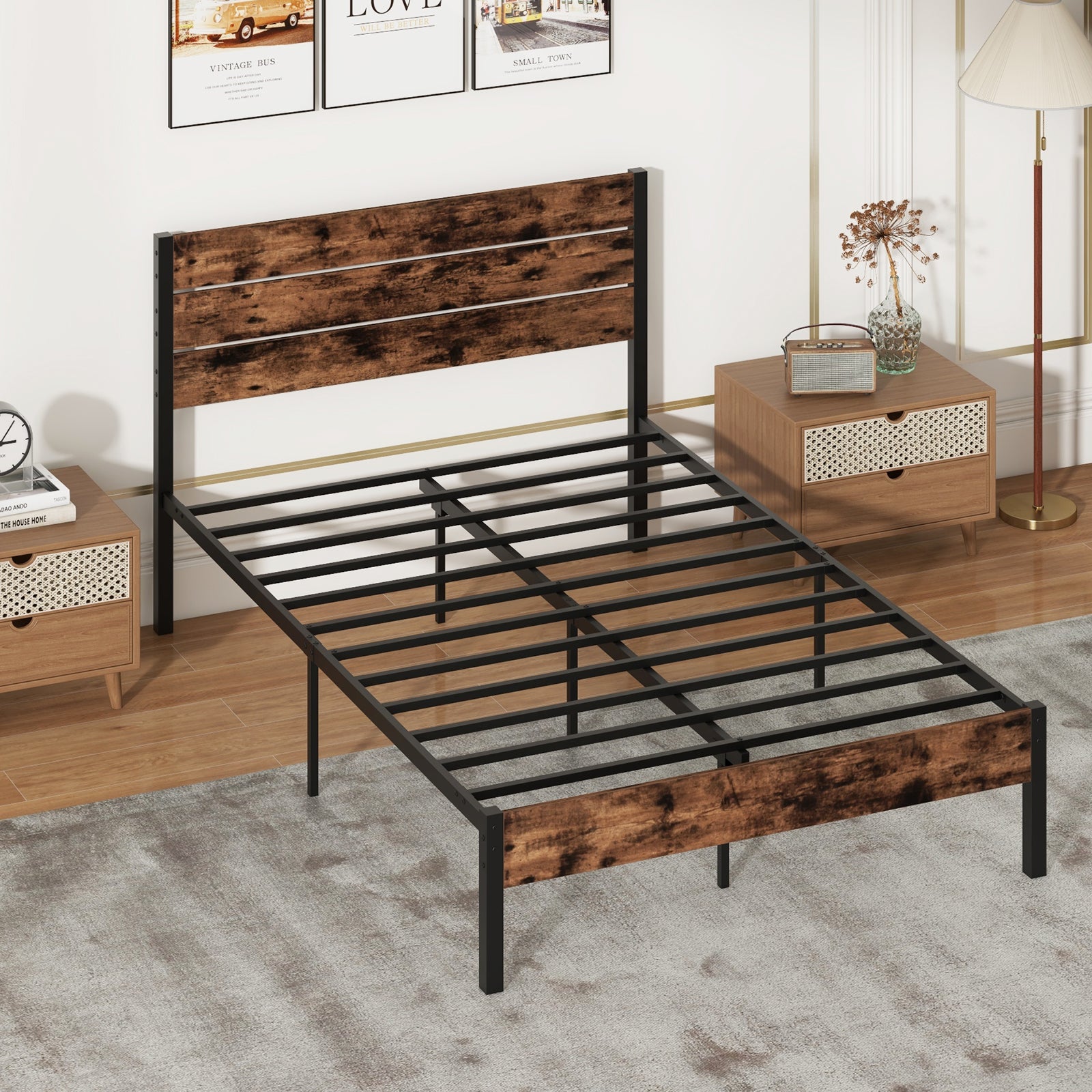 Full/King/Queen/Twin Size Bed Frame with High Headboard and Mute Bar-Full Size, Rustic Brown Simple Bed Frame at Gallery Canada