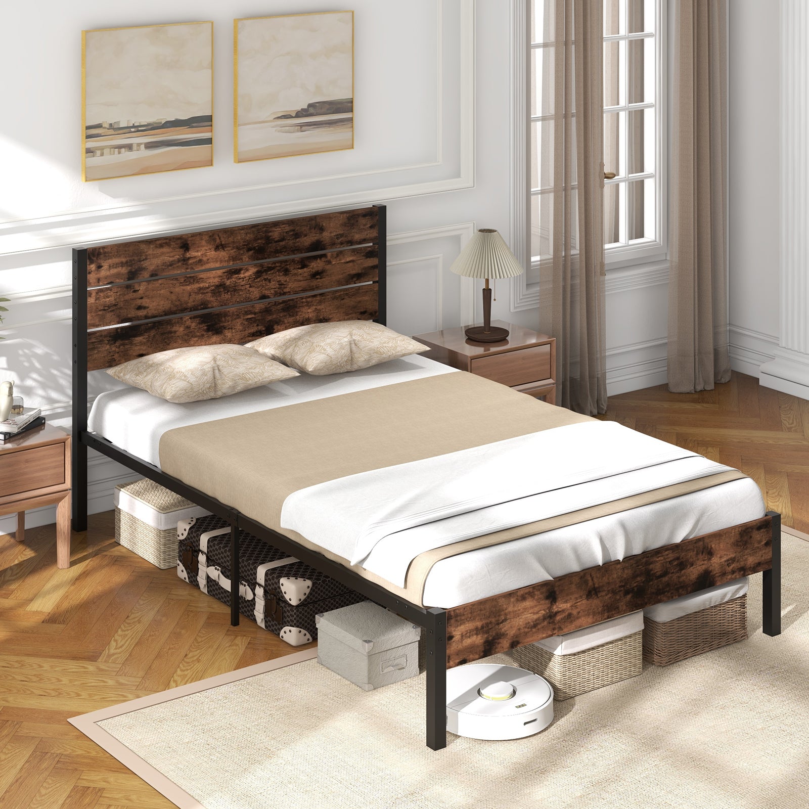 Full/King/Queen/Twin Size Bed Frame with High Headboard and Mute Bar-Full Size, Rustic Brown Simple Bed Frame at Gallery Canada