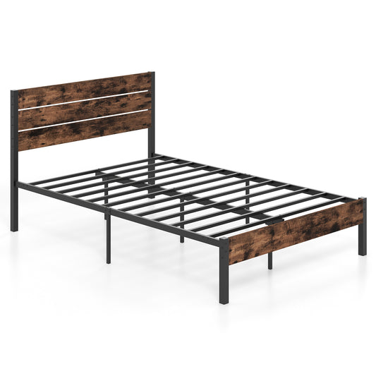 Full Size Bed Frame With High Headboard, Mute Bar, Rustic Brown