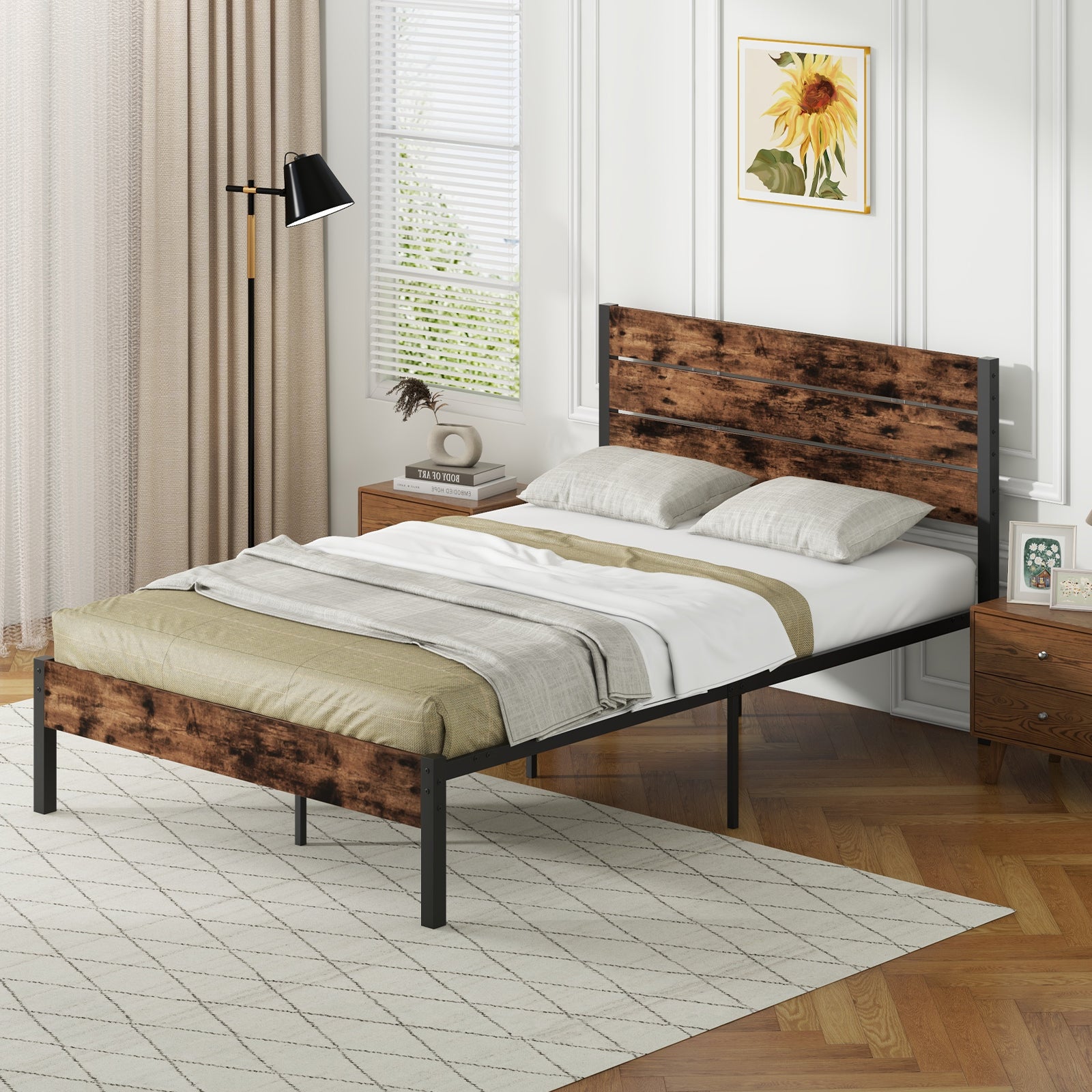 Full/King/Queen/Twin Size Bed Frame with High Headboard and Mute Bar-Full Size, Rustic Brown Simple Bed Frame at Gallery Canada