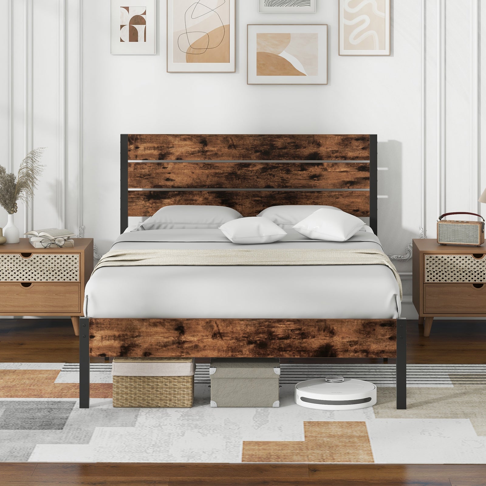 Full/King/Queen/Twin Size Bed Frame with High Headboard and Mute Bar-Full Size, Rustic Brown Simple Bed Frame at Gallery Canada