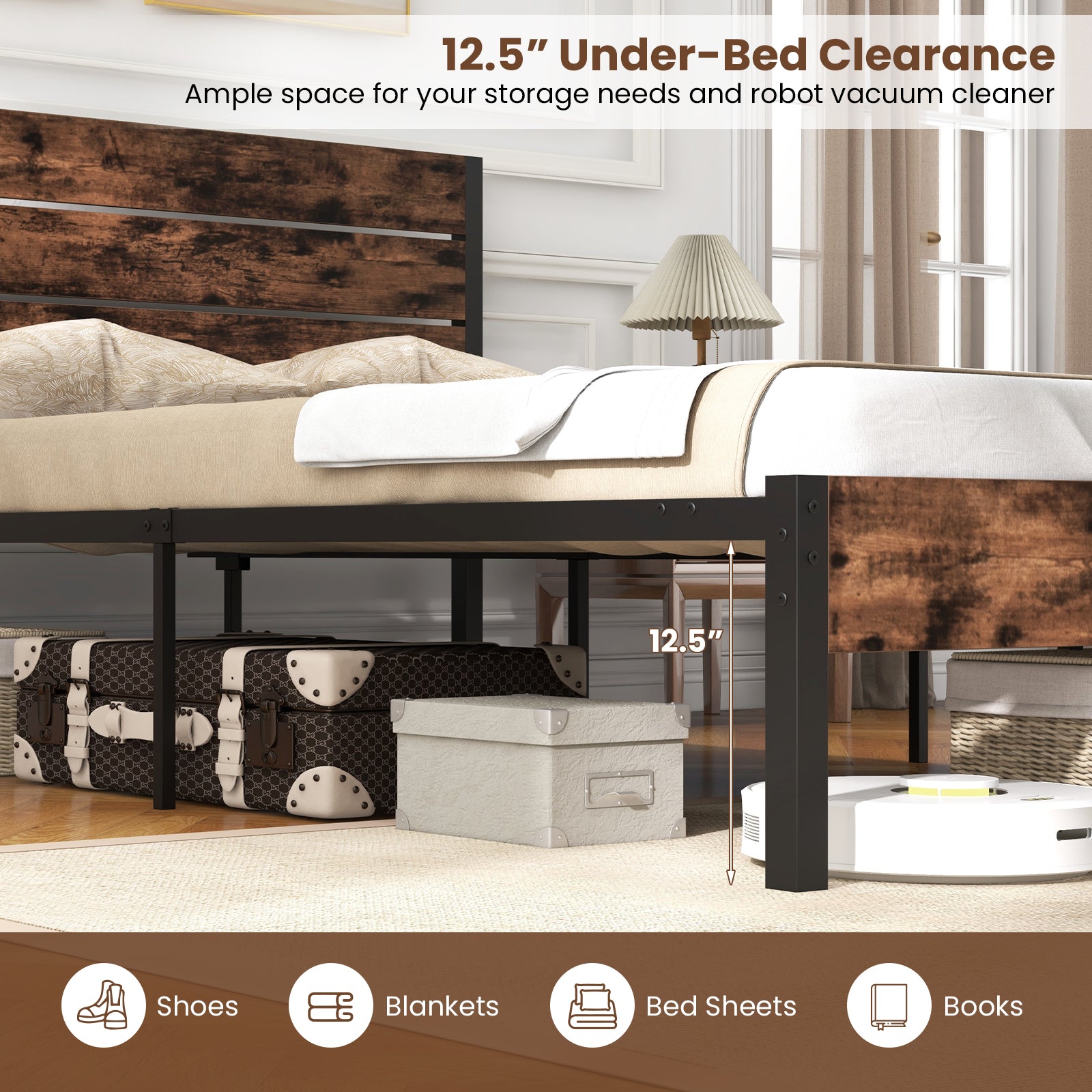 Full/King/Queen/Twin Size Bed Frame with High Headboard and Mute Bar-Full Size, Rustic Brown Simple Bed Frame at Gallery Canada
