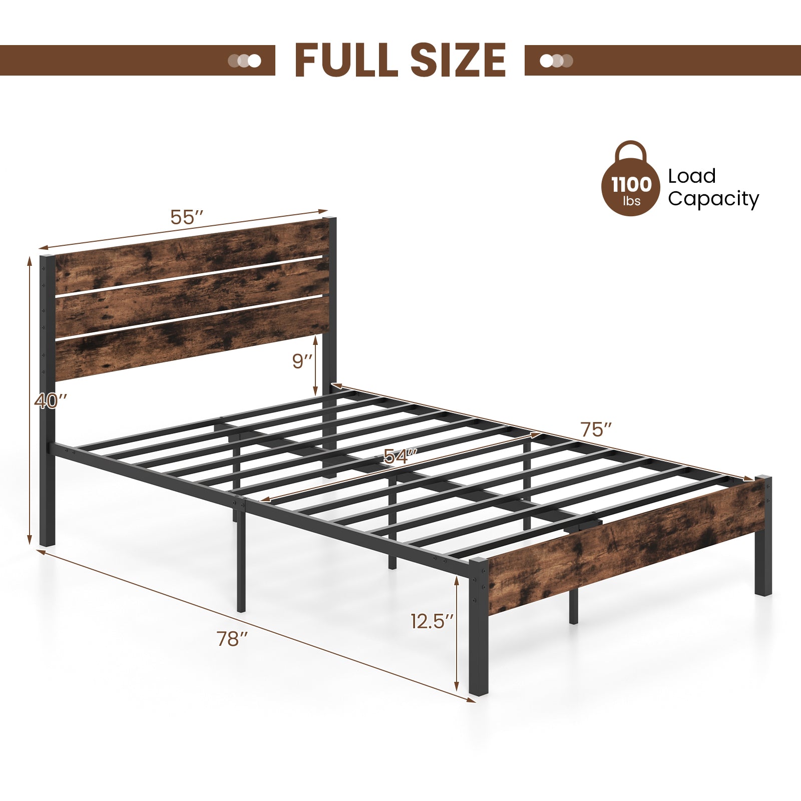 Full/King/Queen/Twin Size Bed Frame with High Headboard and Mute Bar-Full Size, Rustic Brown Simple Bed Frame at Gallery Canada