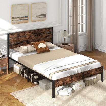 Full/King/Queen/Twin Size Bed Frame with High Headboard and Mute Bar-Queen Size, Rustic Brown Simple Bed Frame at Gallery Canada