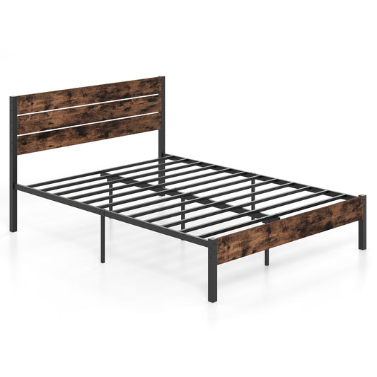 Queen Size Bed Frame, High Headboard, Mute Bar, Rustic Brown