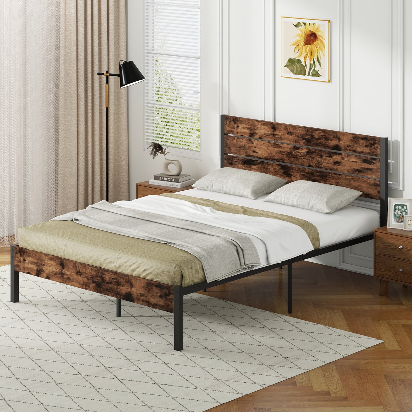 Full/King/Queen/Twin Size Bed Frame with High Headboard and Mute Bar-Queen Size, Rustic Brown Simple Bed Frame at Gallery Canada