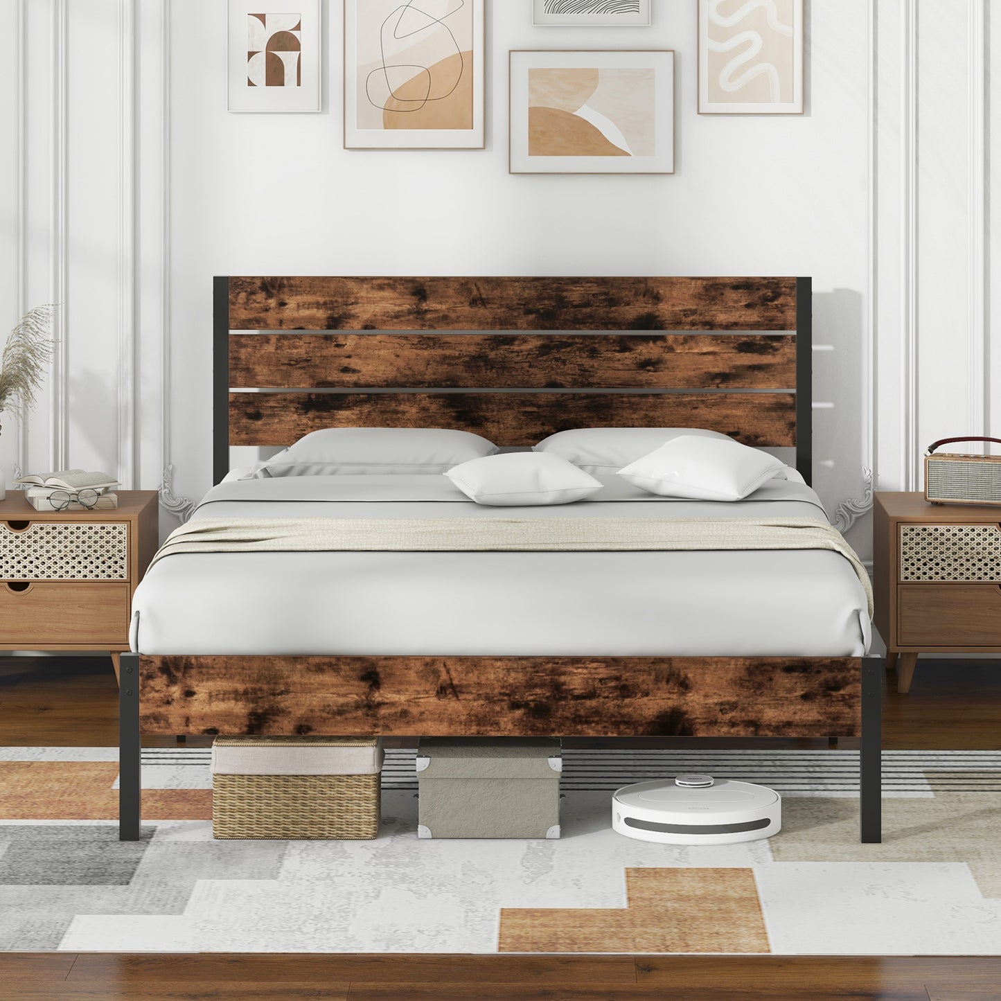 Full/King/Queen/Twin Size Bed Frame with High Headboard and Mute Bar-Queen Size, Rustic Brown Simple Bed Frame at Gallery Canada