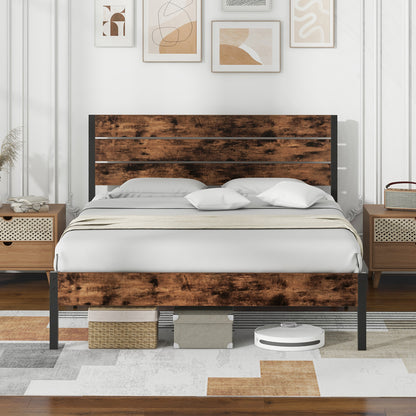 Full/King/Queen/Twin Size Bed Frame with High Headboard and Mute Bar-Queen Size, Rustic Brown Simple Bed Frame at Gallery Canada