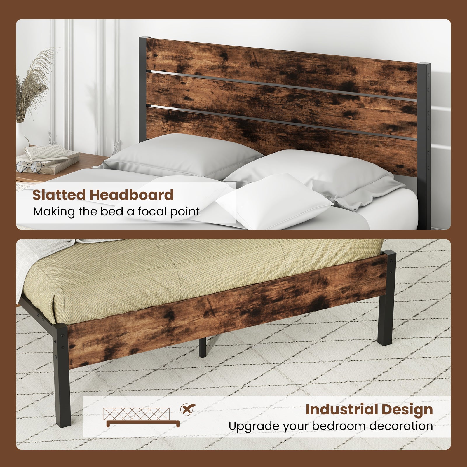Full/King/Queen/Twin Size Bed Frame with High Headboard and Mute Bar-Queen Size, Rustic Brown Simple Bed Frame at Gallery Canada