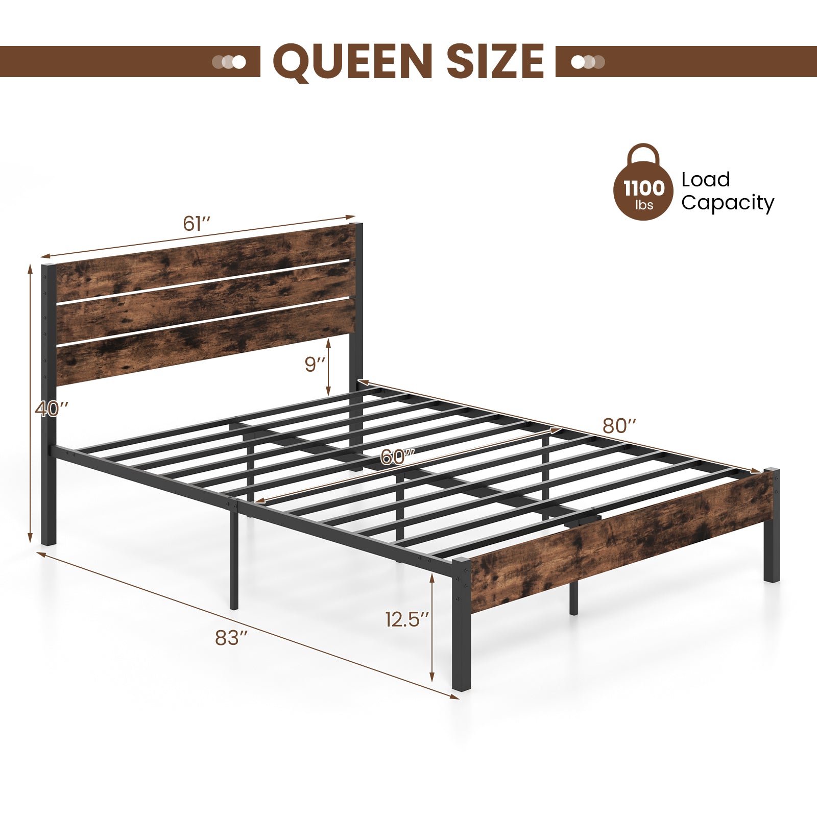 Full/King/Queen/Twin Size Bed Frame with High Headboard and Mute Bar-Queen Size, Rustic Brown Simple Bed Frame at Gallery Canada
