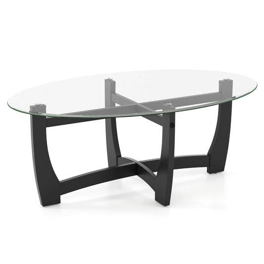 Oval Coffee Table, Tempered Glass Top, Rubber Wood Legs, Black