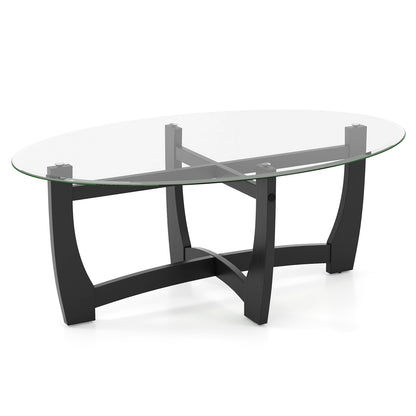 Oval Coffee Table, Tempered Glass Top, Rubber Wood Legs, Black