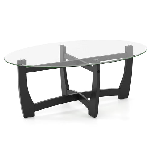 Oval Coffee Table, Tempered Glass Top, Rubber Wood Legs, Black