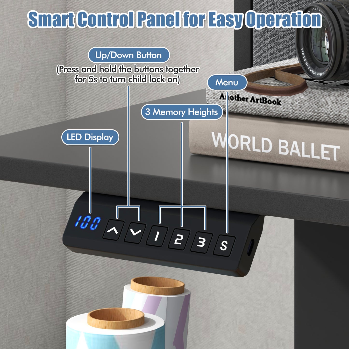 55 Inch x 24 Inch Height Adjustable Electric Standing Desk with 2 Drawers, Black Standing Desks at Gallery Canada