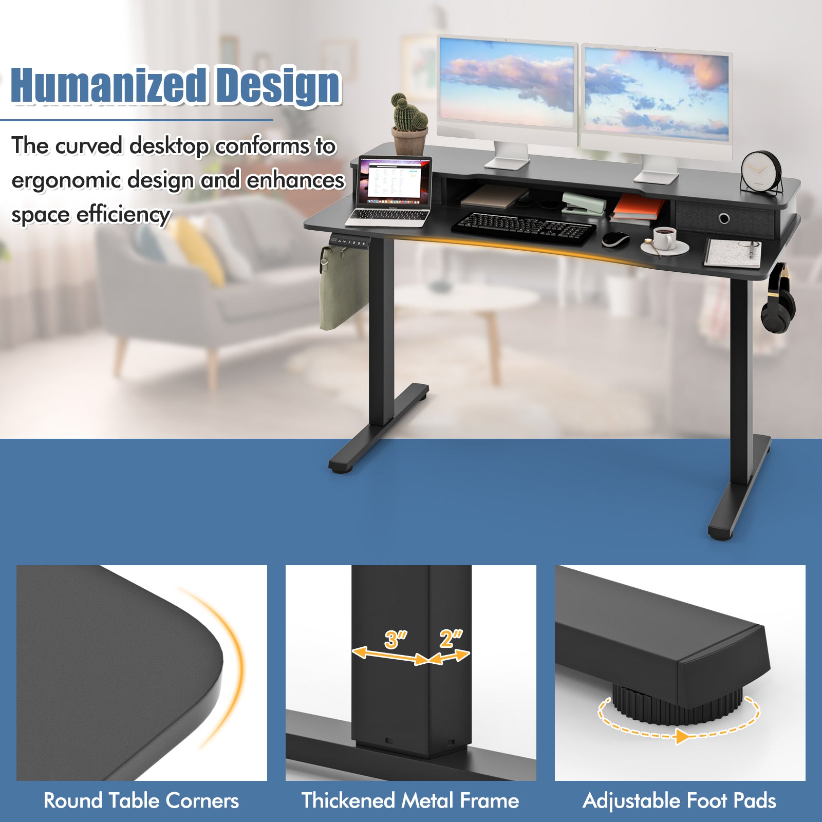 55 Inch x 24 Inch Height Adjustable Electric Standing Desk with 2 Drawers, Black Standing Desks at Gallery Canada