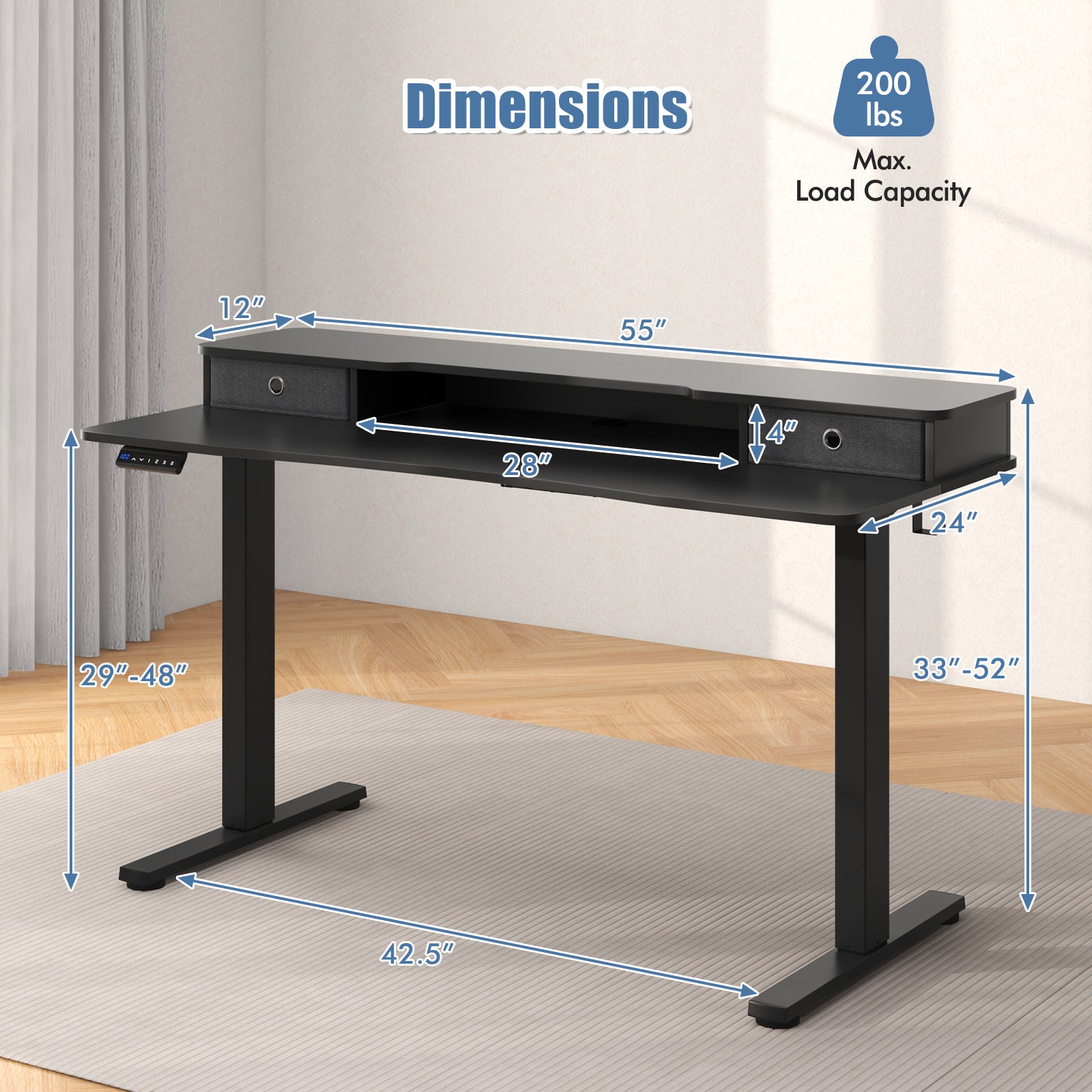 55 Inch x 24 Inch Height Adjustable Electric Standing Desk with 2 Drawers, Black Standing Desks at Gallery Canada