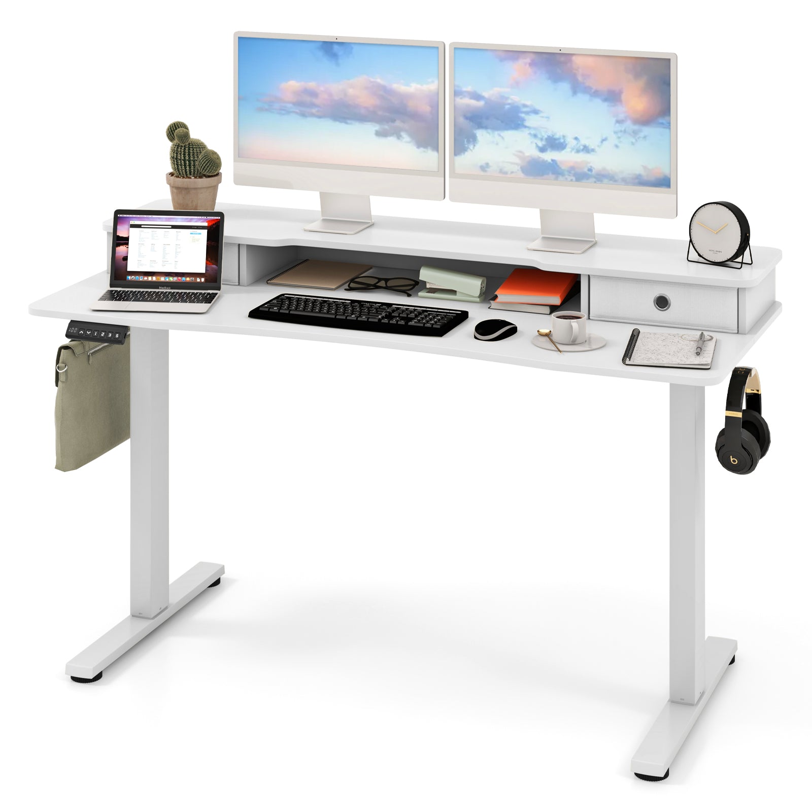 55 Inch x 24 Inch Height Adjustable Electric Standing Desk, 2 Drawers, White Standing Desks at Gallery Canada
