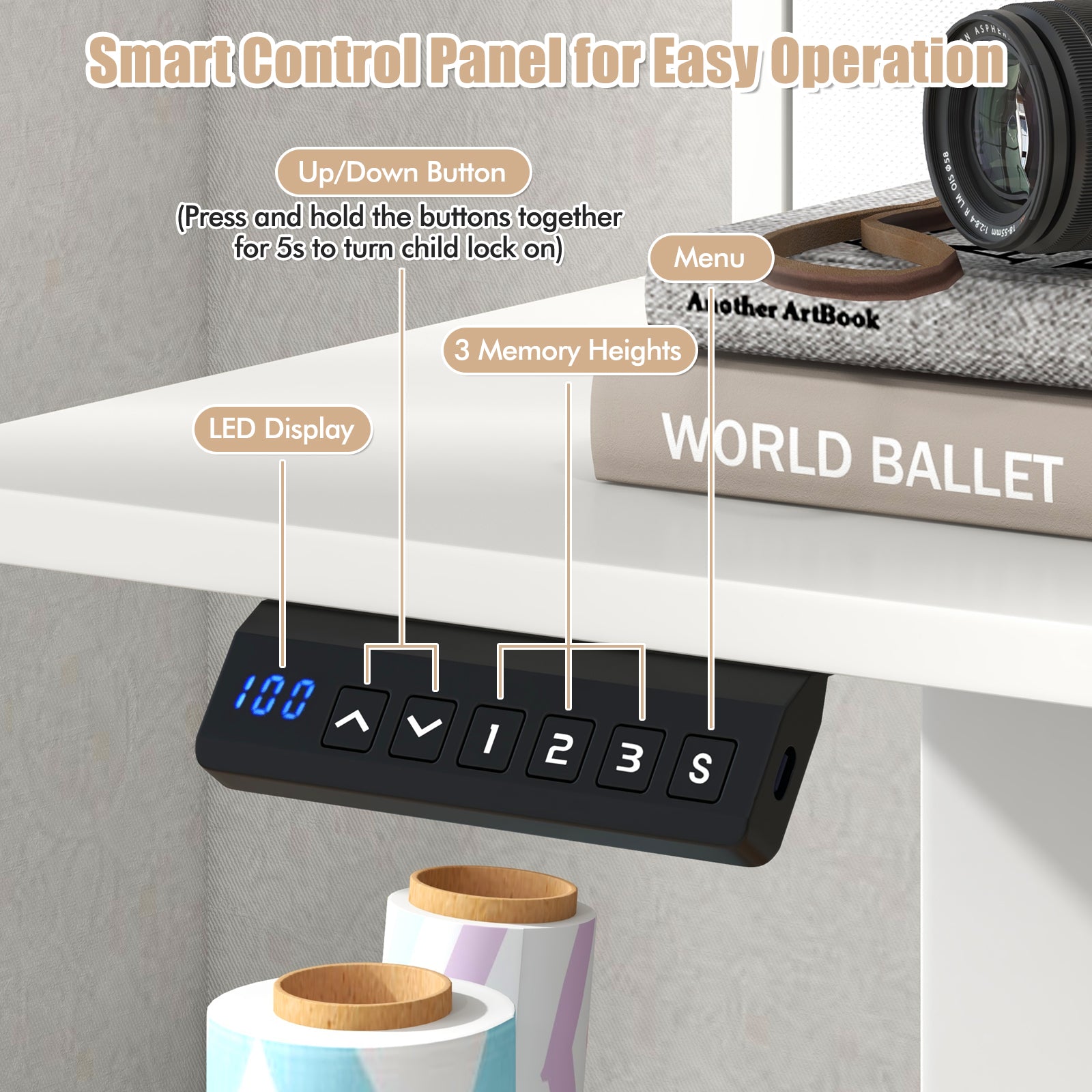 55 Inch x 24 Inch Height Adjustable Electric Standing Desk with 2 Drawers, White Standing Desks at Gallery Canada