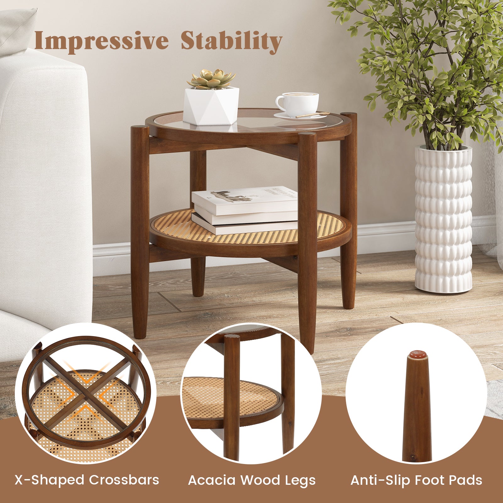 Rattan Round Side Table, Tempered Glass Top, Brown End & Side Tables at Gallery Canada