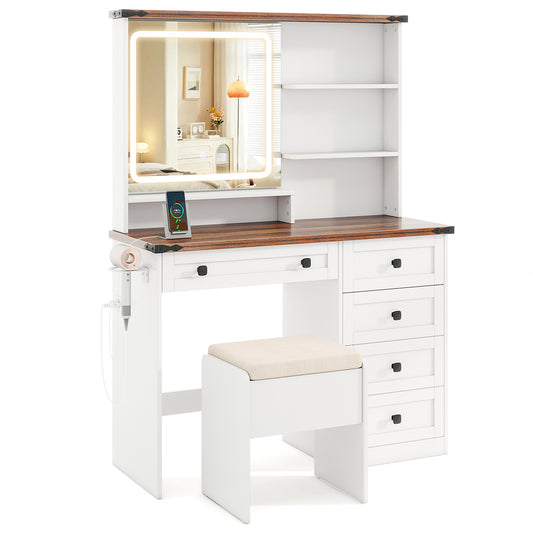 Farmhouse Vanity Set with Mirror and 3-Color Lighting, White Makeup Vanities White at Gallery Canada