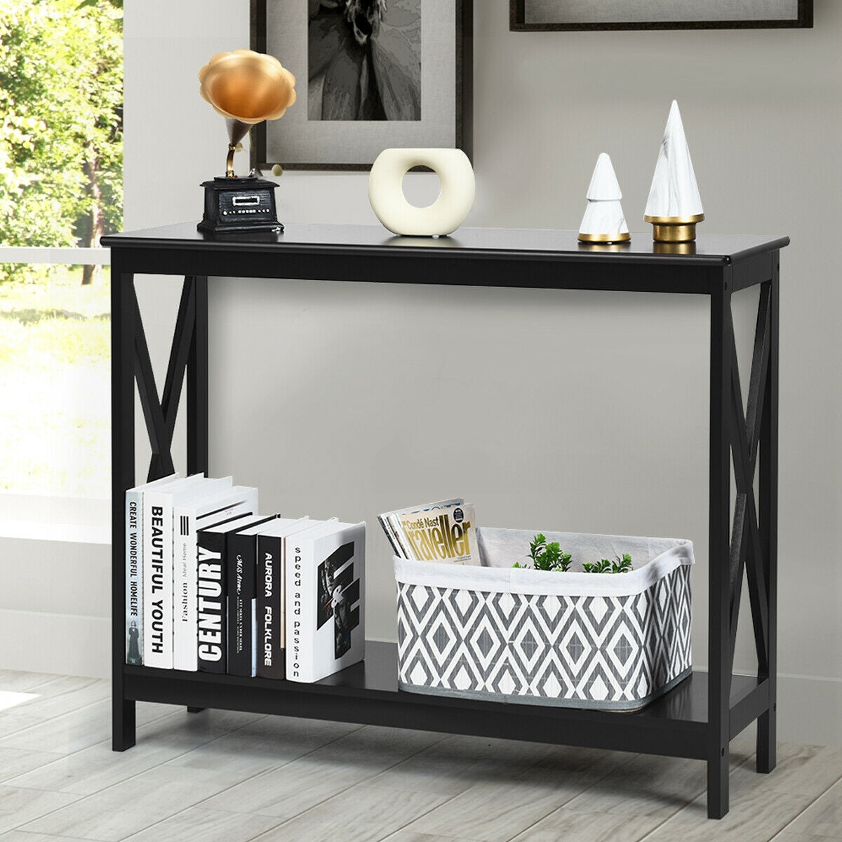 2-Tier Console X-Design Sofa Side Accent Table, Black Console Tables at Gallery Canada