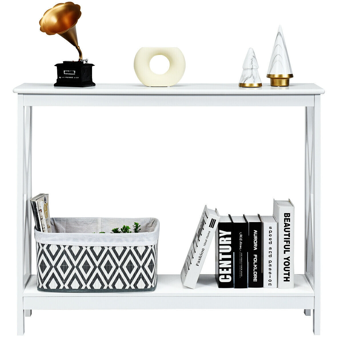 2-Tier Console X-Design Sofa Side Accent Table, White Console Tables at Gallery Canada