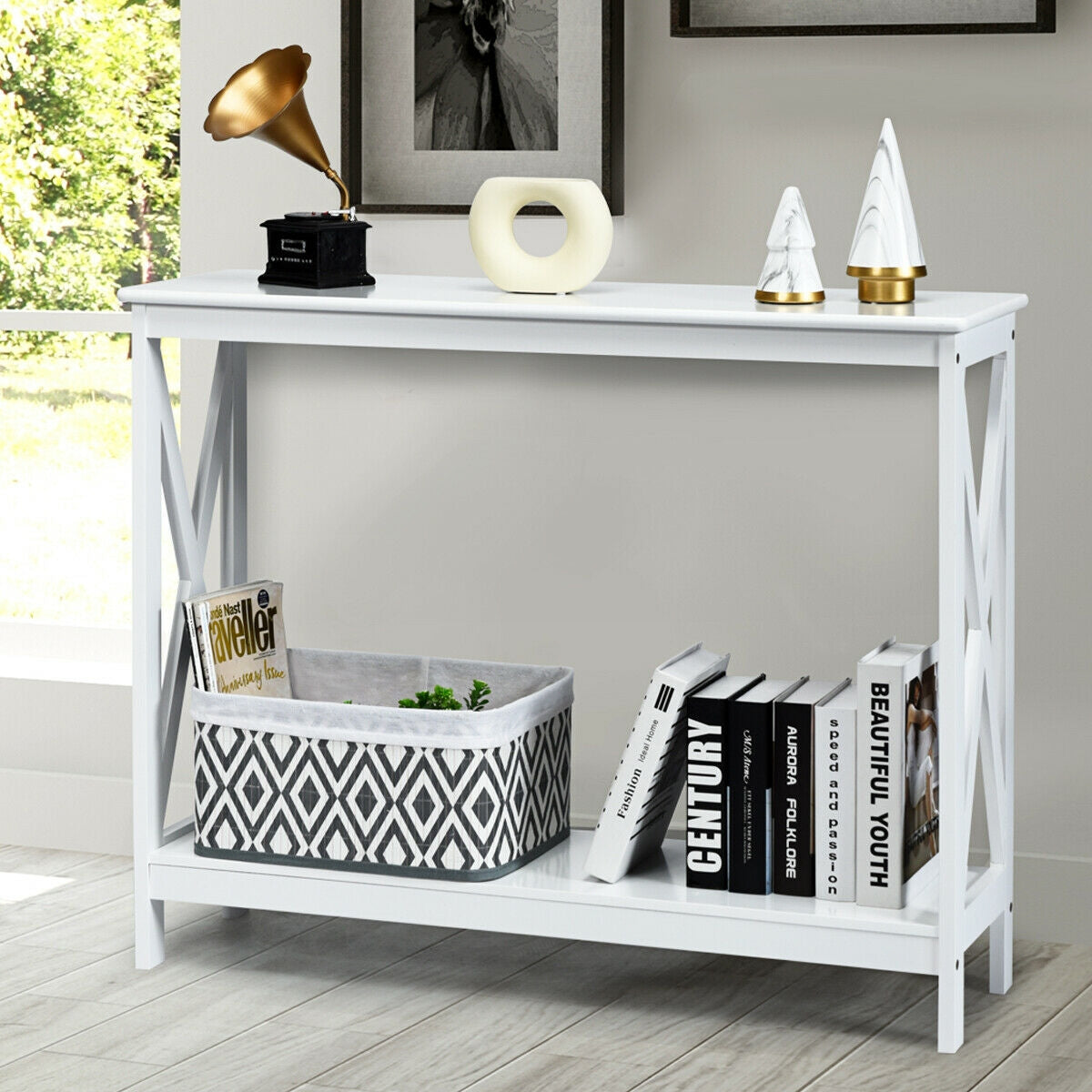 2-Tier Console X-Design Sofa Side Accent Table, White Console Tables at Gallery Canada