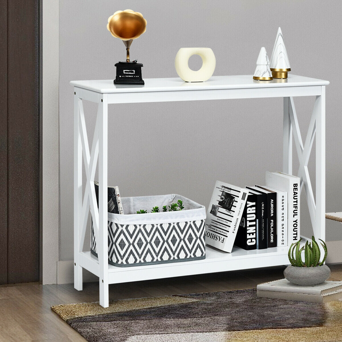 2-Tier Console X-Design Sofa Side Accent Table, White Console Tables at Gallery Canada