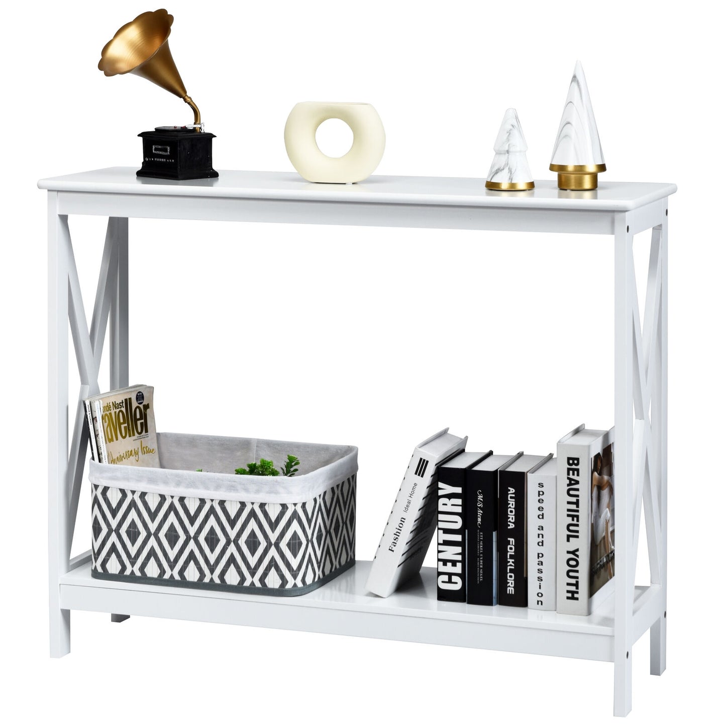 2-Tier Console X-Design Sofa Side Accent Table, White Console Tables at Gallery Canada