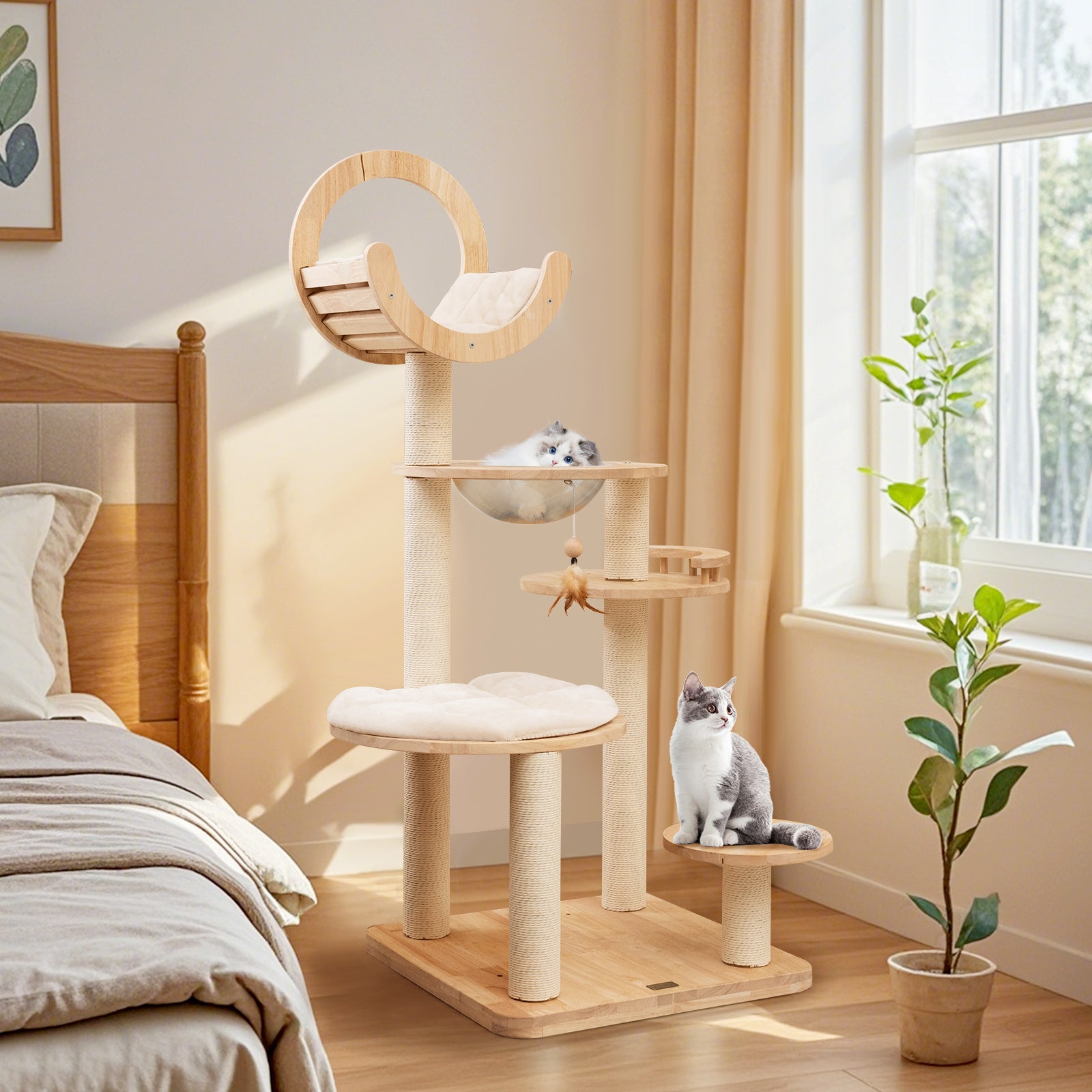 4-in-1 Large Wooden Cat Tower with Space Capsule Nest for Indoor Cats, Beige Cat Trees Condos & Scratchers at Gallery Canada