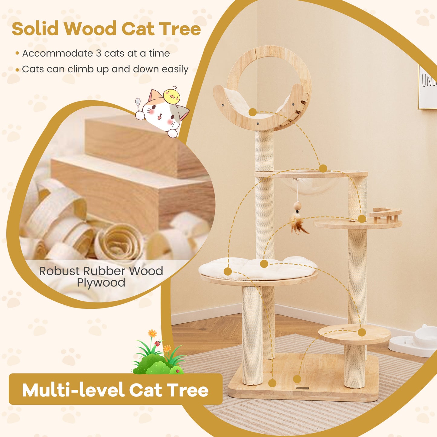 4-in-1 Large Wooden Cat Tower with Space Capsule Nest for Indoor Cats, Beige Cat Trees Condos & Scratchers at Gallery Canada