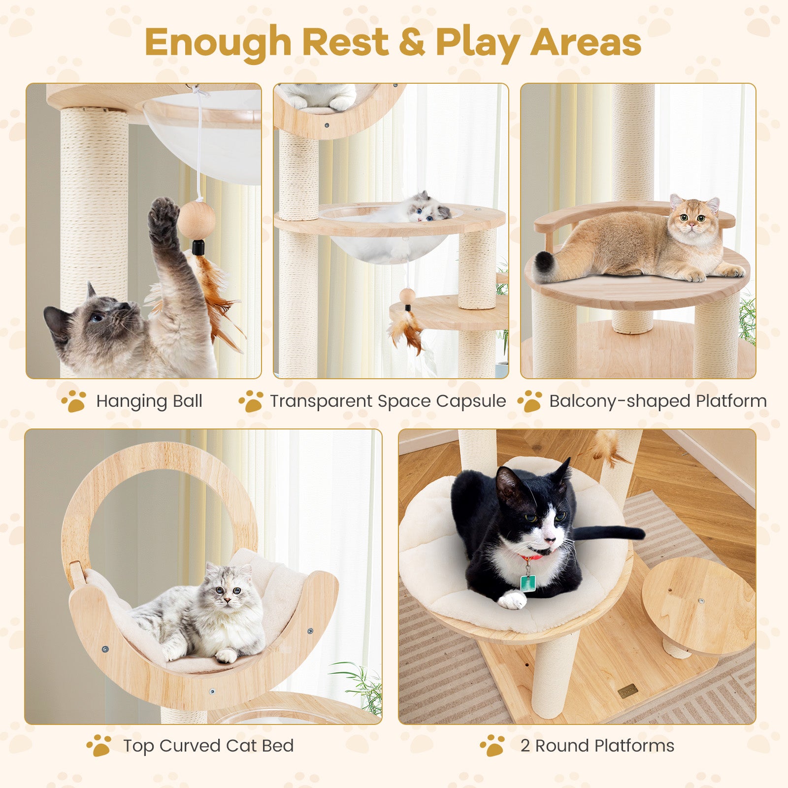 4-in-1 Large Wooden Cat Tower with Space Capsule Nest for Indoor Cats, Beige Cat Trees Condos & Scratchers at Gallery Canada