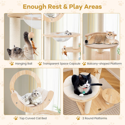 4-in-1 Large Wooden Cat Tower with Space Capsule Nest for Indoor Cats, Beige Cat Trees Condos & Scratchers at Gallery Canada