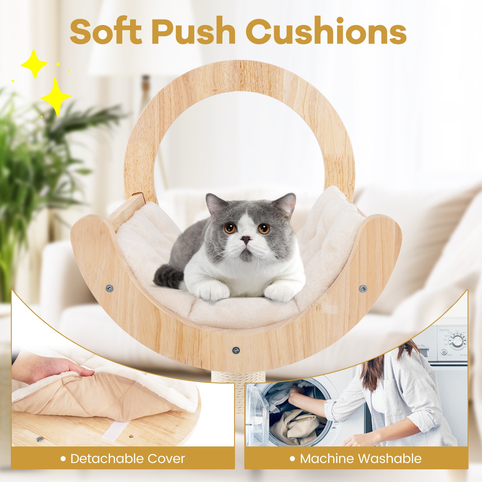 4-in-1 Large Wooden Cat Tower with Space Capsule Nest for Indoor Cats, Beige Cat Trees Condos & Scratchers at Gallery Canada