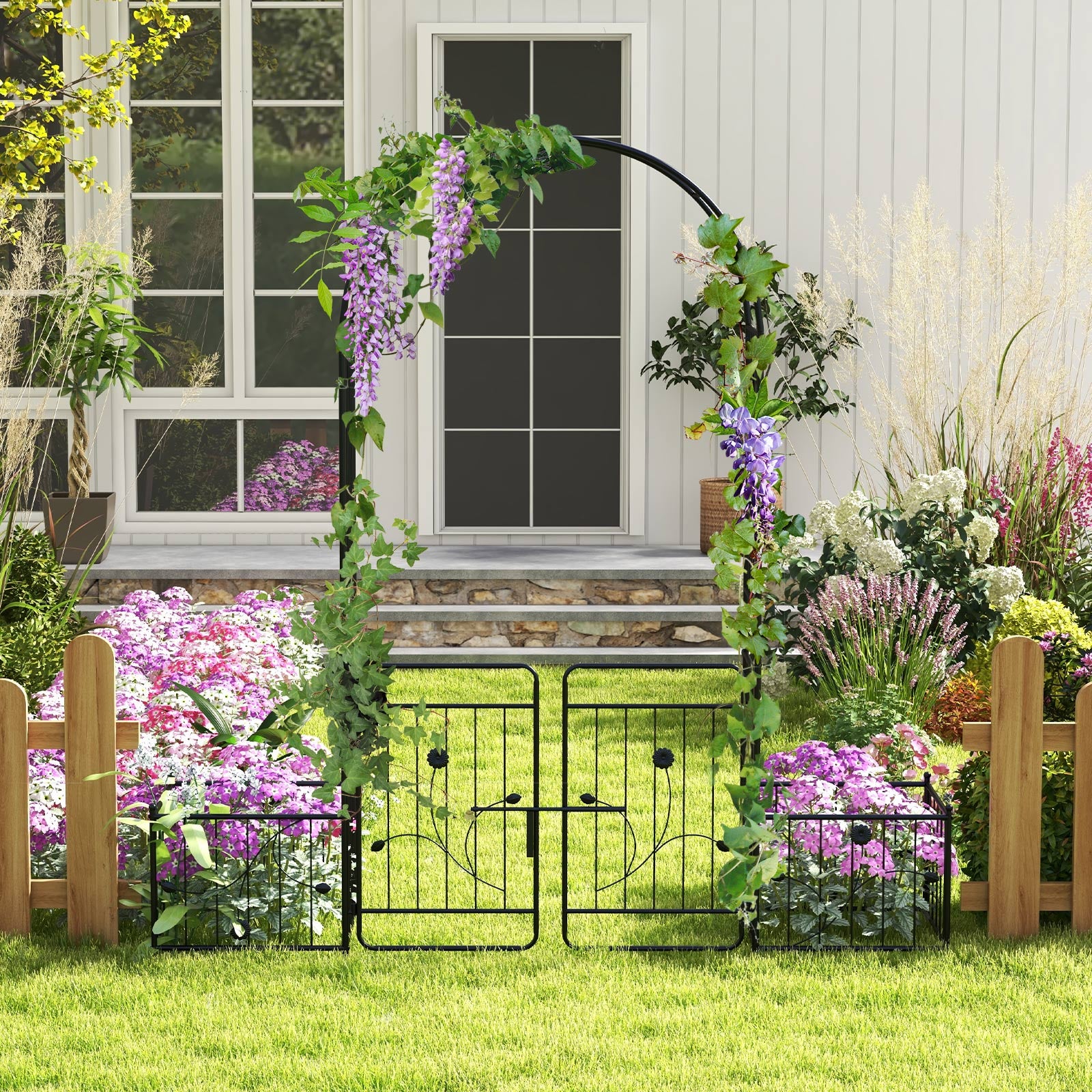 87 Inches Garden Arbor with Lockable Gate Side Planters, Black Outdoor Decor at Gallery Canada