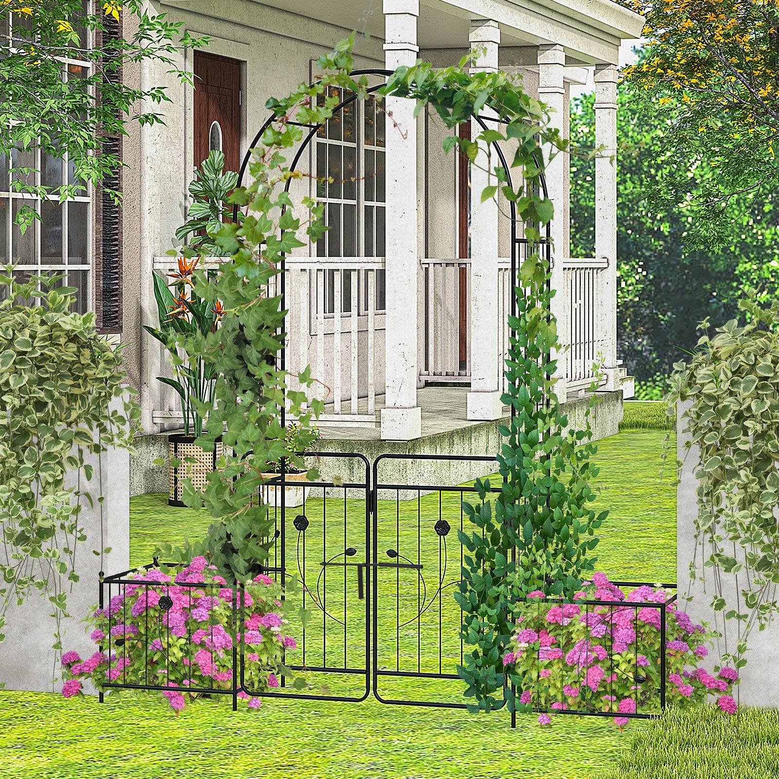 87 Inches Garden Arbor with Lockable Gate Side Planters, Black Outdoor Decor at Gallery Canada