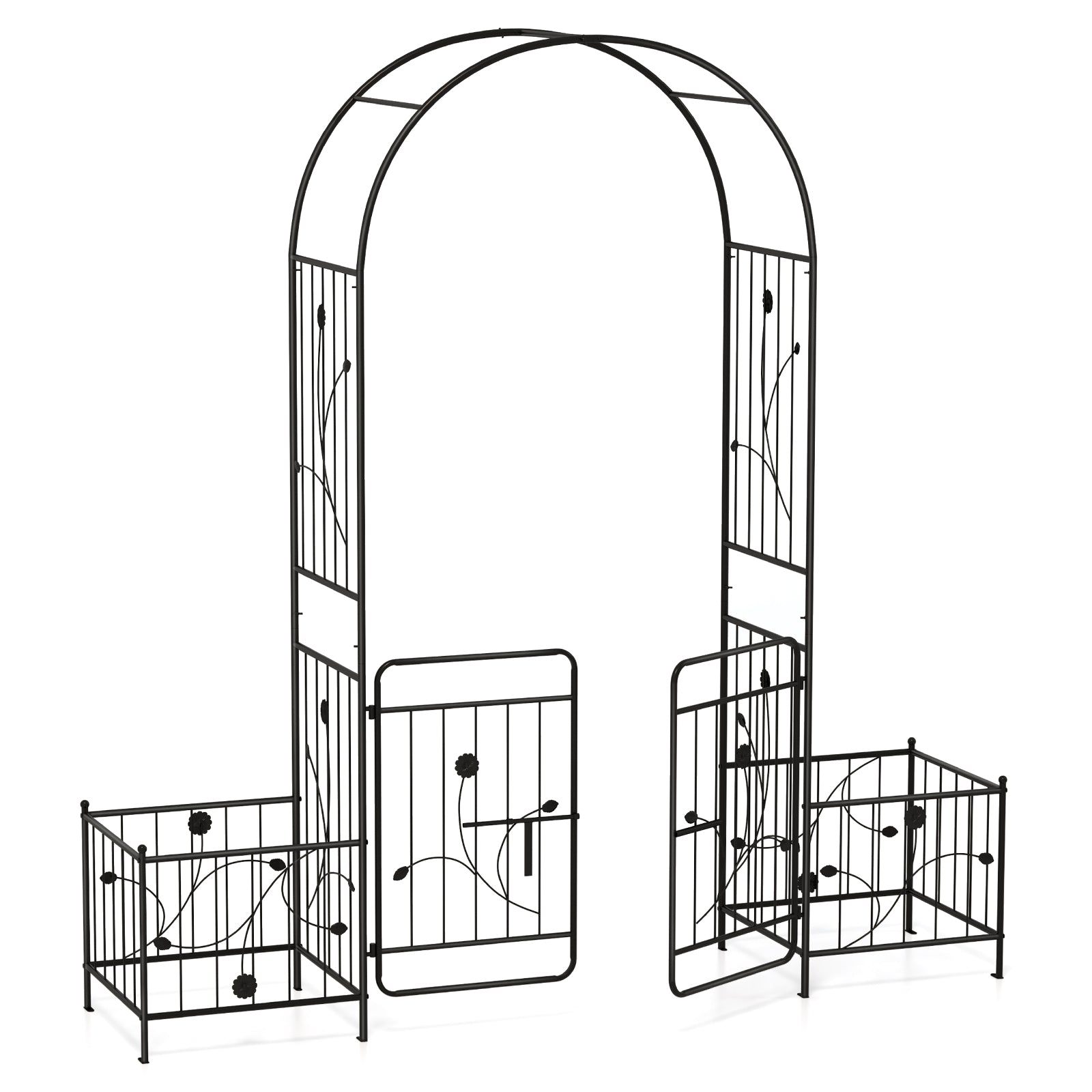 87 Inches Garden Arbor, Lockable Gate, Side Planters, Black Outdoor Decor at Gallery Canada
