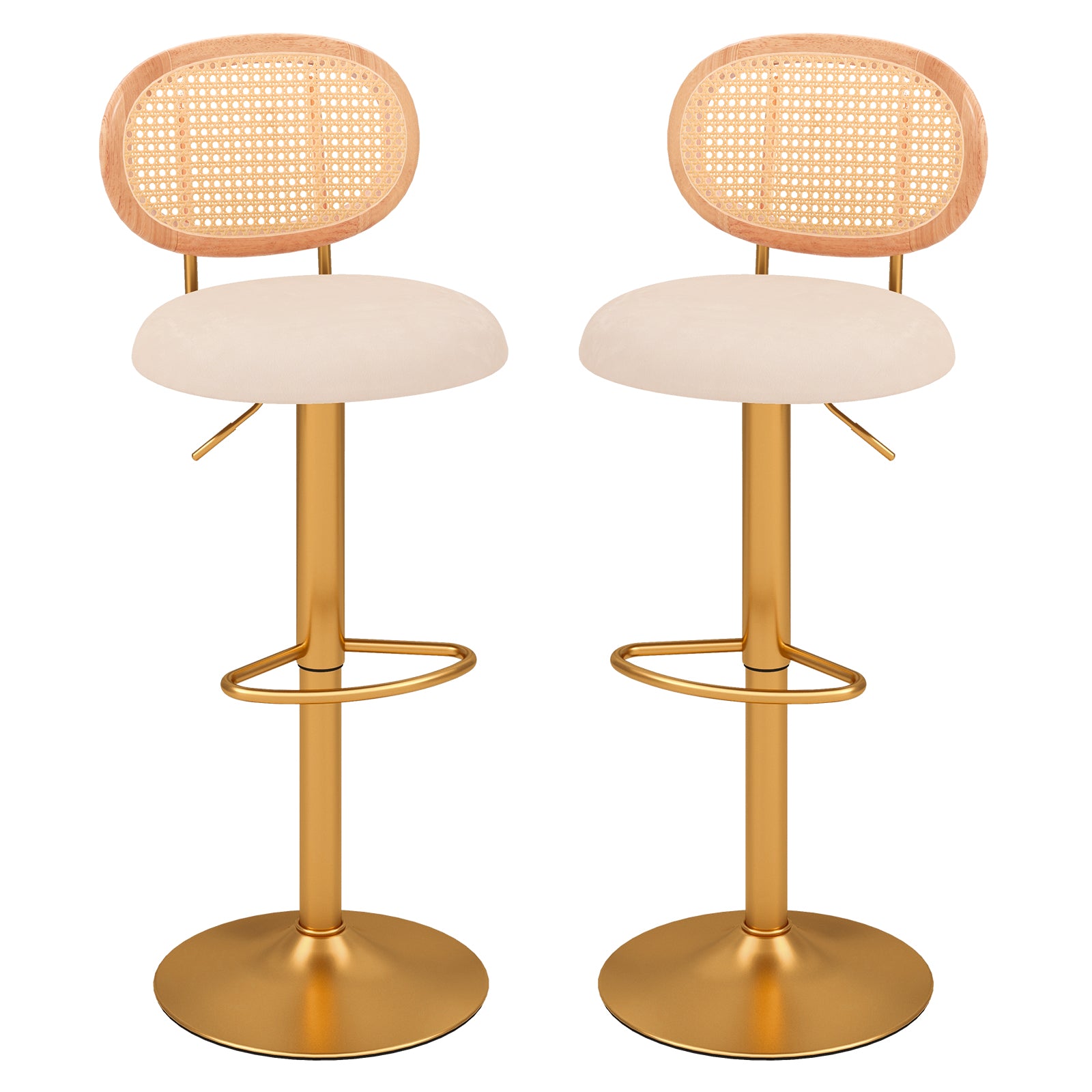 2 Pieces Bar Chairs with PE Rattan Backrest-360°Swivel and Height Adjustable Bar Stools Gold, White at Gallery Canada