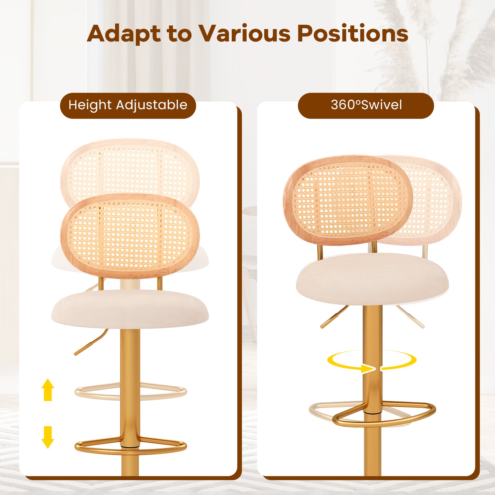 2 Pieces Bar Chairs with PE Rattan Backrest-360°Swivel and Height Adjustable Bar Stools at Gallery Canada