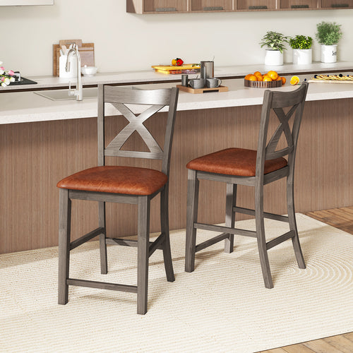 Bar Stools Set of 2 with Cross Back and Faux Leather Upholstered Seat, Gray